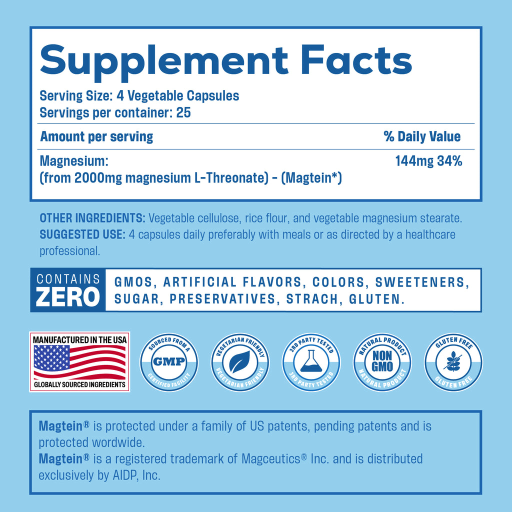 Magnesium L Threonate (Magtein) 100 Vegan Capsules