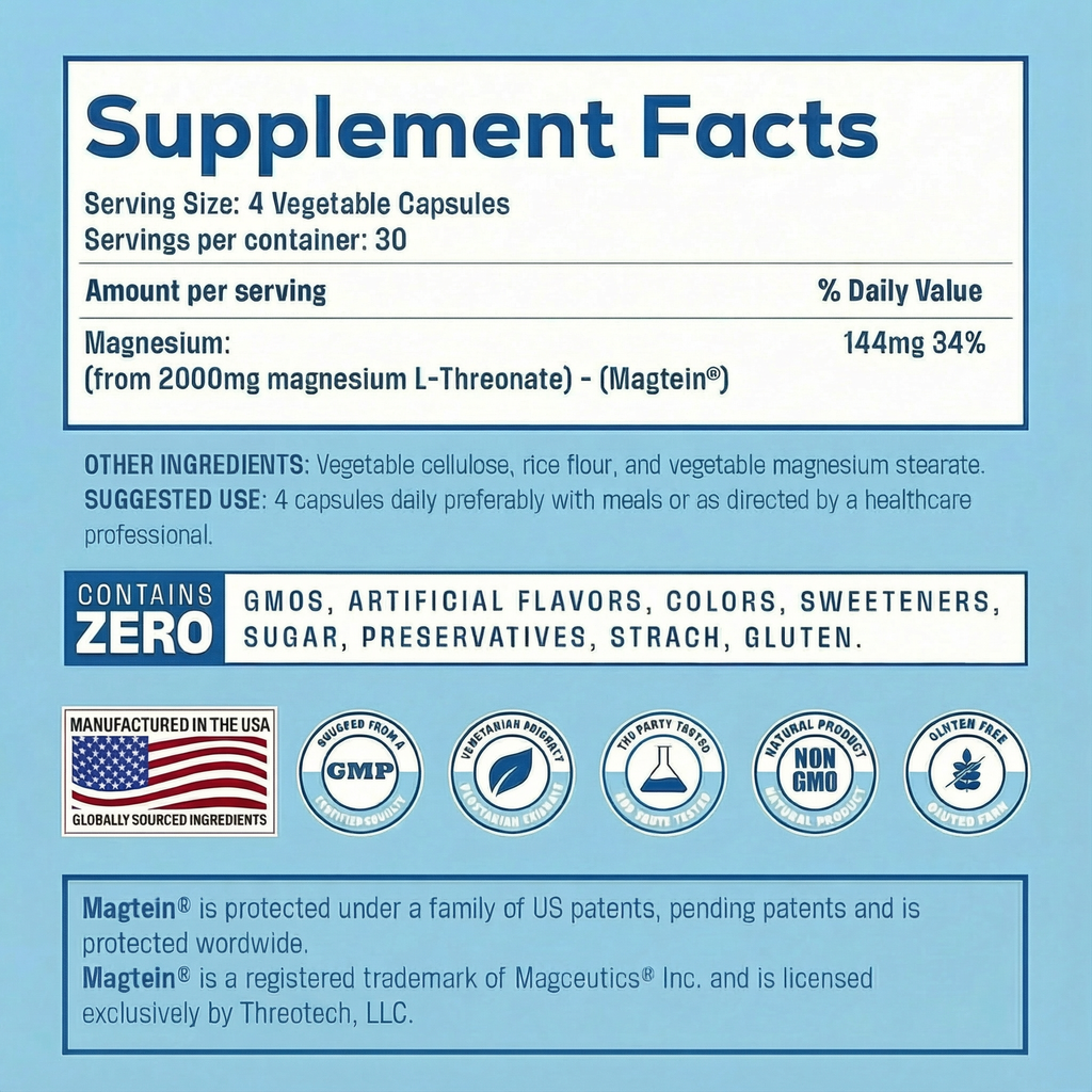 Magnesium L Threonate (Magtein) 120 Vegan Capsules