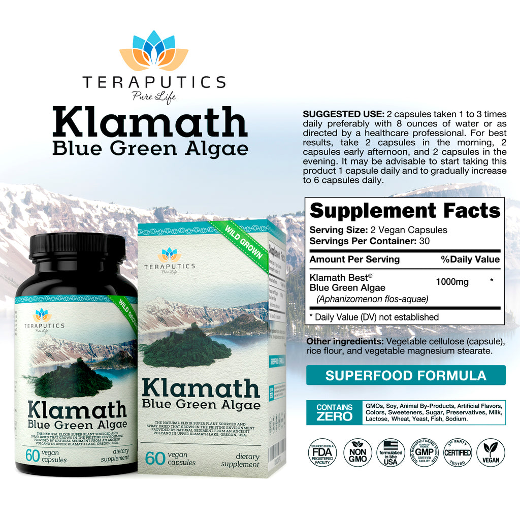 Klamath Blue Green Algae Capsules - 500mg Organic Superfood Supplement - 2 Bottles